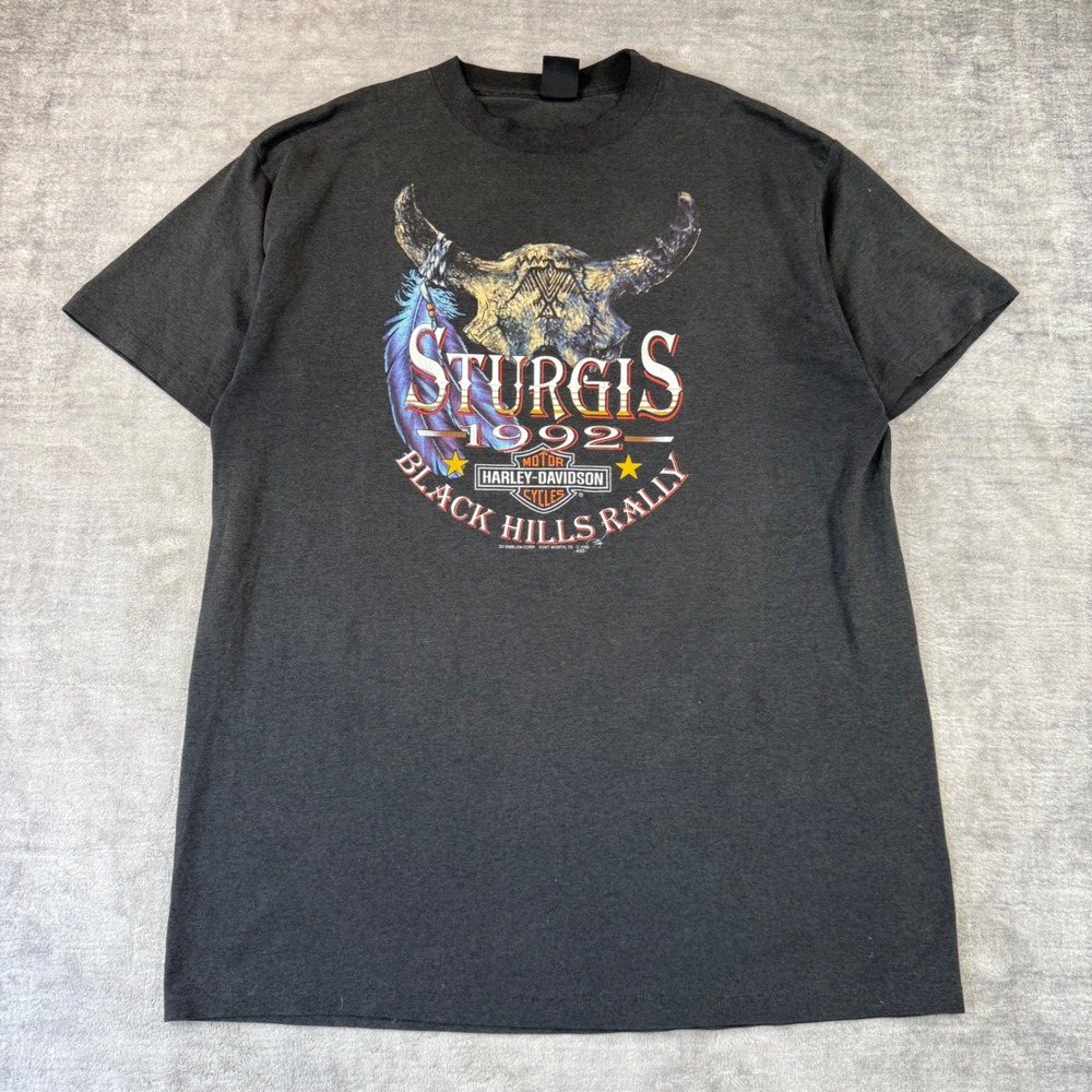 Harley Davidson Shirt Mens XL Black Vintage 1992 Sturgis 3D Emblem Thin Biker